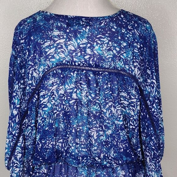 a.n.a Blue Tropical Print Chiffon Semi Sheer Kimono Sleeve Blouse Size XL - Picture 9 of 13